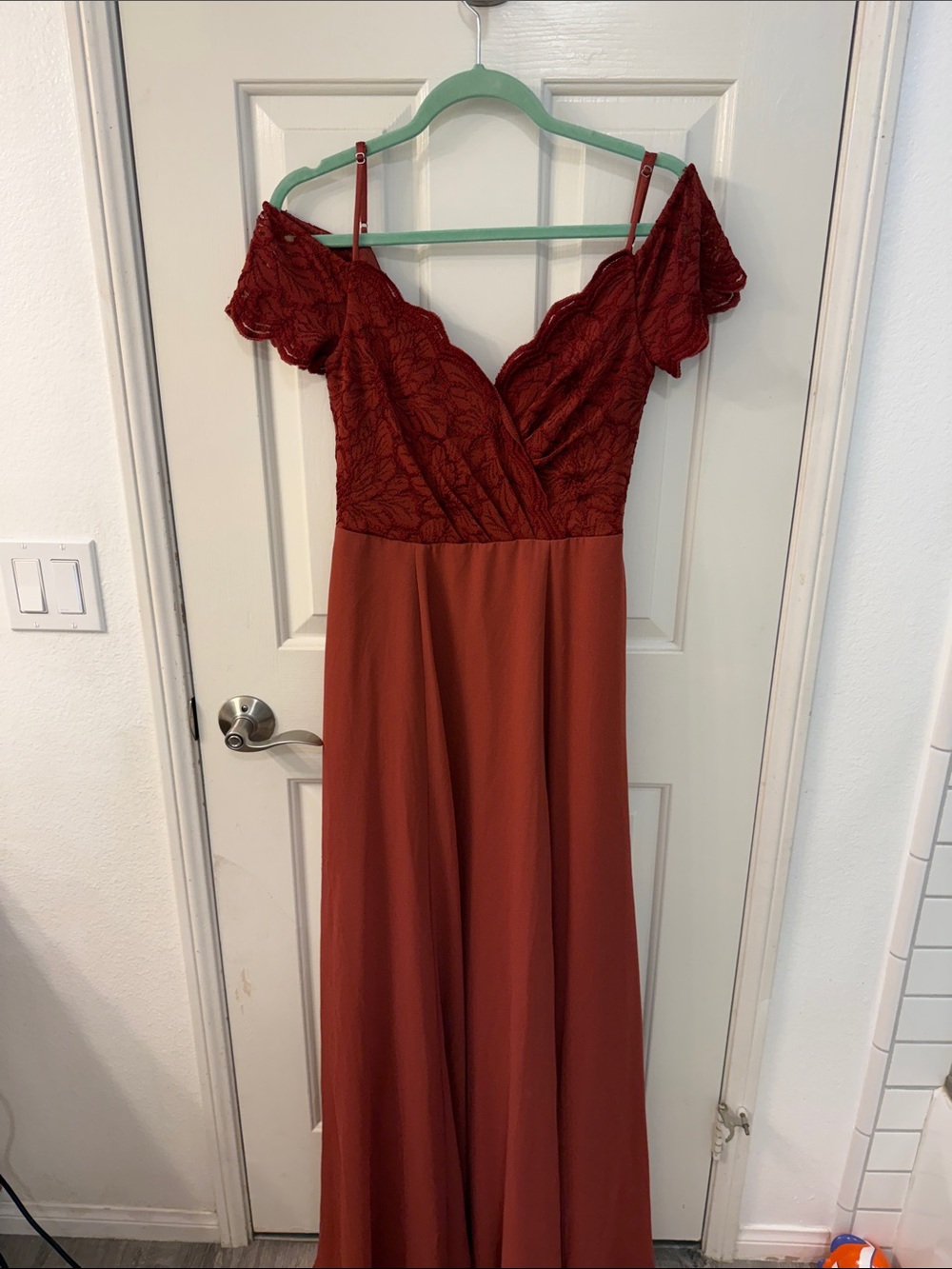 Off-Shoulder Lace Bodice Maxi Dress in Rust Red